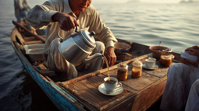 Hands pouring tea from a silver kettle into a porcelain cup aboard a wooden boat lined with spice jars in calm soft morning light on the river