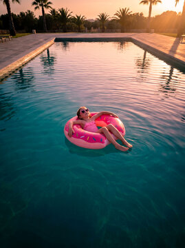 Young girl relaxes on a pink donut float in a swimming pool at sunset