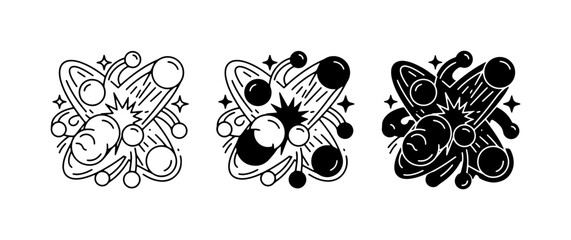 Cosmic Explosion Icons, Space Orbits, Planets, Stars, Meteor Shower Vector Graphics © Farhana