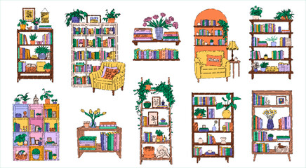 Colorful Bookshelves with Plants Illustration Collection © Inna