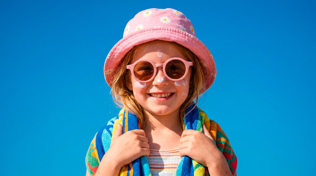 Smiling child with sunscreen on face wearing a pink hat and sunglasses