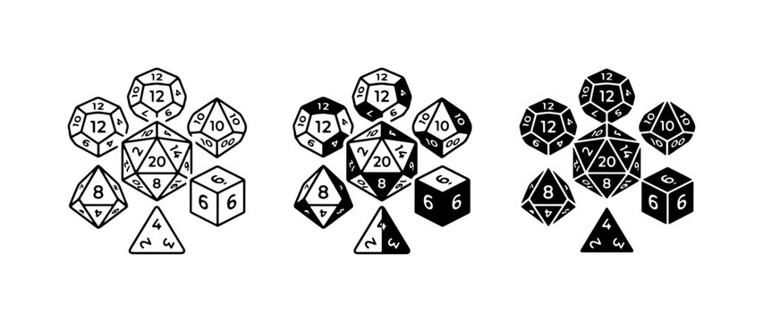 Polyhedral Dice Sets, Tabletop RPG Game Dice, D&D Dice Collection, Black and White Vector Graphics