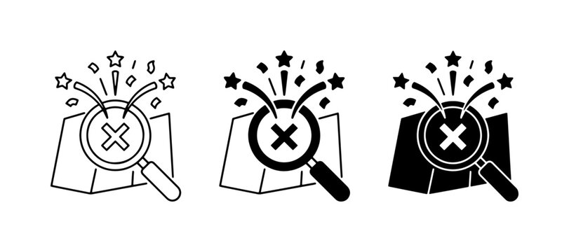 Magnifying Glass Search Icons, Map Location X Mark, Discovery and Exploration Vector Set