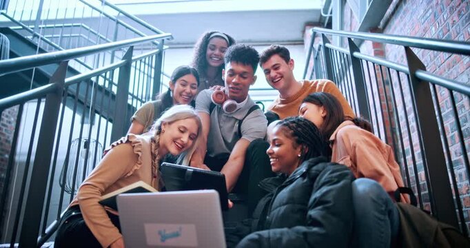 Smile, selfie and students at campus with friends, photography and post for social media. Happy, people and study group at college with peace sign, profile picture update and capture memory for blog