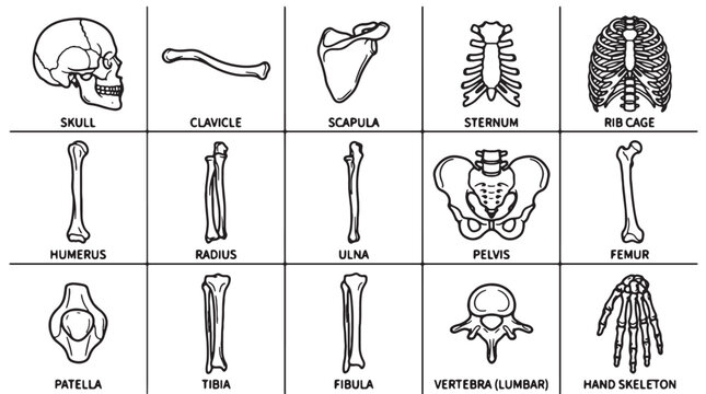 Human Skeleton Anatomy, Bone Structure Icons, Medical Illustrations, 16 Skeletal System Elements