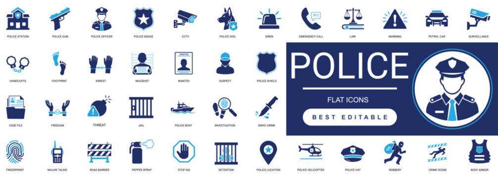 police solid icon set. enforcement, security, justice, handcuffs, law, investigate, protection, officer, arrest, cop, badge, jail, crime. editable  glyph vector illustration.