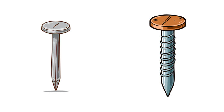 Illustration set of a nail and a screw with different heads for construction