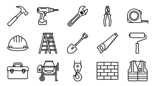 Construction tools, icons, symbols, 16 line illustrations, black and white, industrial equipment