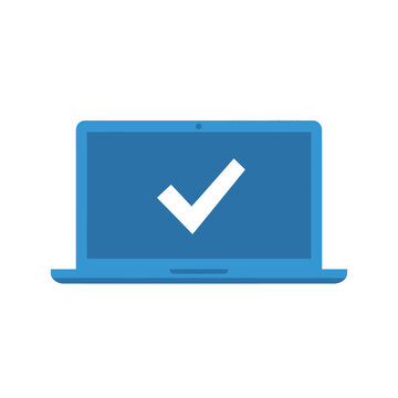 Flat blue laptop icon displaying a white checkmark