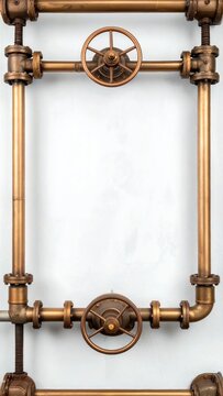 Industrial Pipe Frame with Valves on White Background.