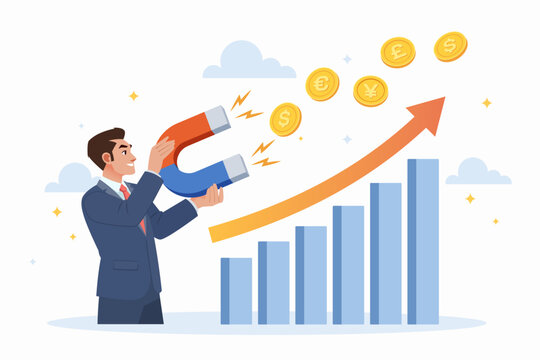 Person using magnet attracting coins for startup inbound marketing and business growth concept
