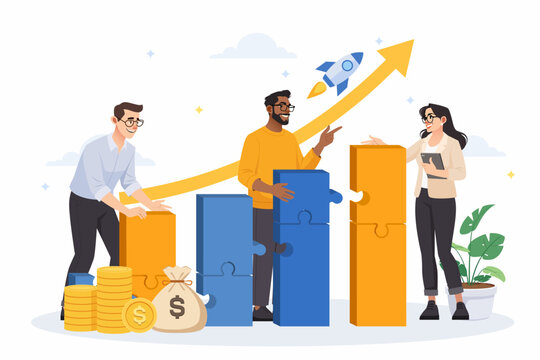 Startup business team building puzzle growth chart for corporate synergy success concept