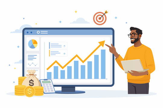 Startup founder presenting financial growth chart for business investment pitch concept