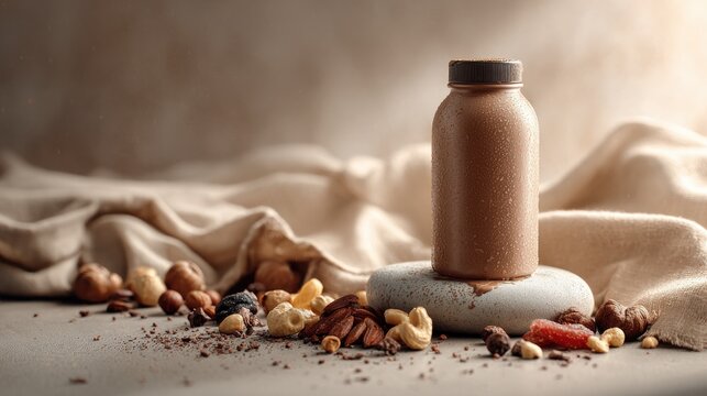 Healthy chocolate drink in bottle surrounded by nuts and dried fruits. Refreshing chocolate beverage in chilled bottle, presented with selection of wholesome nuts and dried fruits for nutritious snack