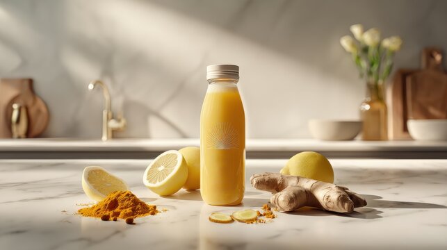 Healthy turmeric ginger lemon drink in bottle with fresh ingredients on kitchen counter. Refreshing vibrant bottle of juice made from turmeric, ginger, lemon, presented its natural components on clean