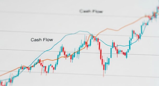 Close-up of a financial cash flow trend graph with uptrend and downtrend lines and candlestick chart.