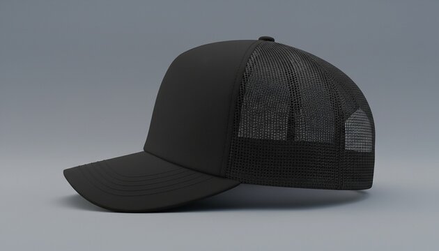Black mesh trucker hat side view apparel mockup