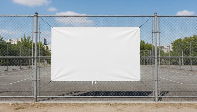Blank vinyl banner mockup on a sports court fence