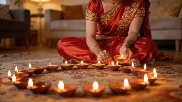 Lighting woman in red sari holding lit diya, igniting circular diyas at home for ritual
