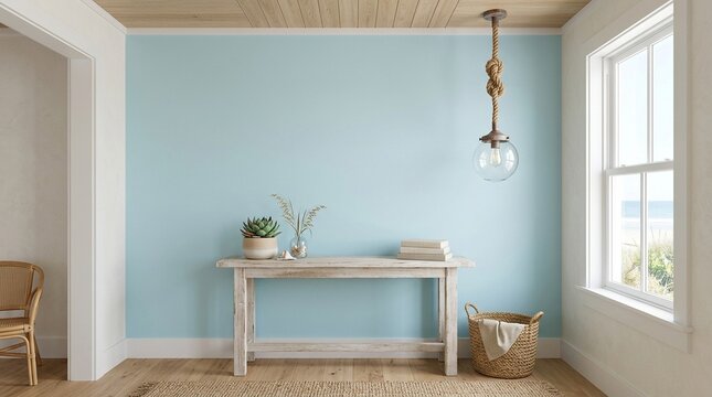 Coastal interior with blue wall and rustic console table