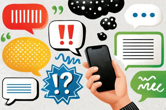 Hand holding smartphone surrounded by colorful speech bubbles and message notifications in cartoon style