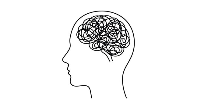Anxious student amidst tangled thoughts. Brain in turmoil during latenight exam review. Simplistic artwork illustrating worried student battling fatigue and concentration issues during revision