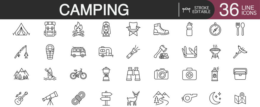 Camping and outdoor adventure editable stroke line vector icon set featuring nature tourism, hiking equipment, and forest recreation concepts.