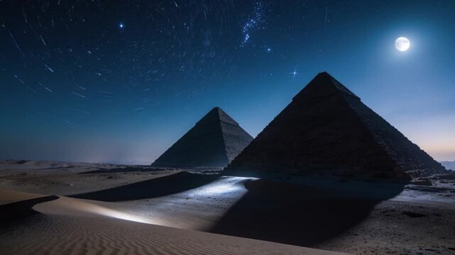 Recording timelapse of two stone pyramids on desert dunes at night, moon shifting, stars trailing