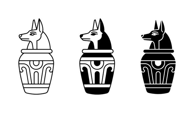 Egyptian Anubis Canopic Jar Icons, Ancient Mythology Vector Set, Black and White Art