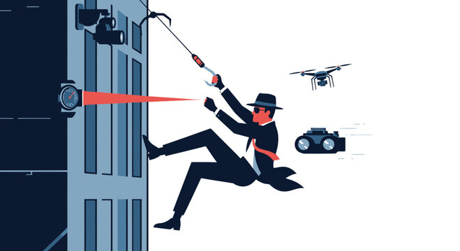 Spy Climbing Building with Drone and Camera