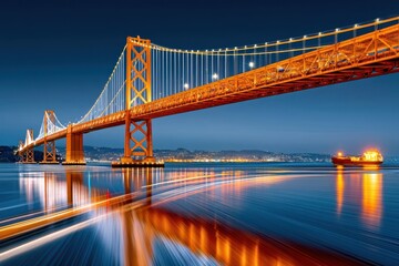 Obraz premium San Francisco Bay Bridge illuminated at night with reflections, light trails and a passing cargo ship