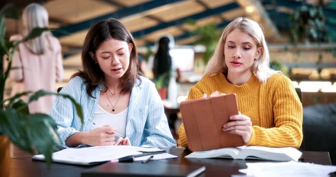 Tablet, study and help with people in college for research, tutor session and education project. Assignment thesis, university and knowledge with students on campus for class schedule and exam portal