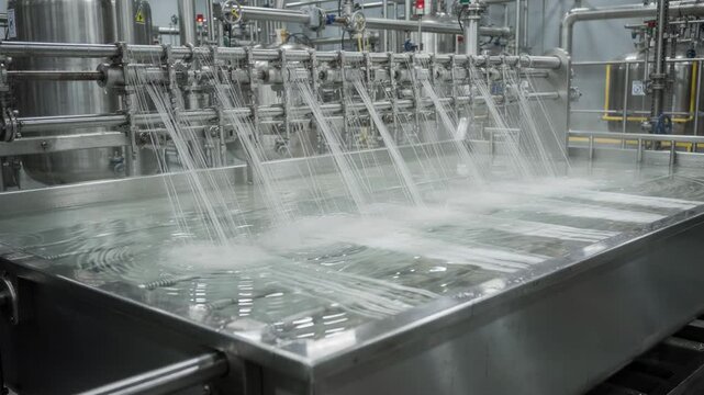 Medium shot of acrylic fiber wet spinning line showing polymer solution extruding into coagulation bath forming continuous filaments in a controlled industrial environment