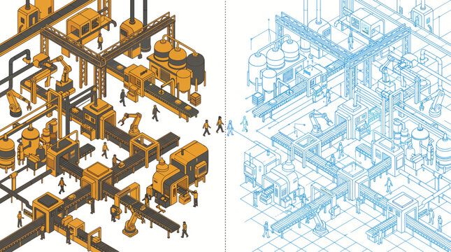 Digital twin smart factory with automated robotic production line and data analytics, isometric split view vector illustration isolated on white background