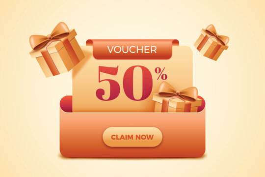 3d voucher pop up from box with gift box flying. Promotional design template.