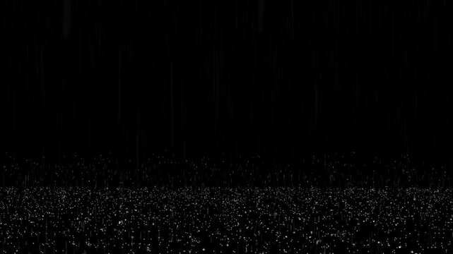Rainy effect on black screen background, heavy rain wall falling, raindrops splashing, rain closeup vfx insert, practical seamlessly loopable footage, heavy rainstorm hitting black surface.