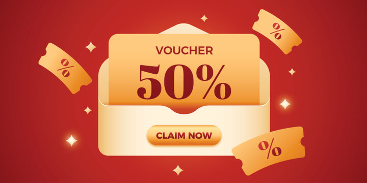 3d voucher from opening envelope in red background. Promotional design template.