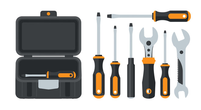 Toolbox and Tools Set: Screwdrivers, Wrenches, Flatlay