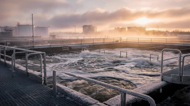 Medium shot of aeration basins in an effluent treatment plant at sunrise with cloudy skies and icy surfaces highlighting the dynamic wastewater purification process