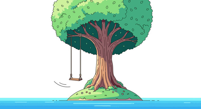 Tree with swing on small island in blue water, pixel art style