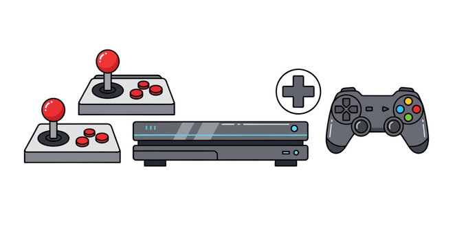 Video Game Console, Controllers, and Joysticks - Gaming Equipment Set