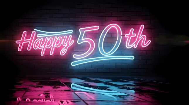 Neon sign Happy 50th birthday celebration glowing on a dark brick wall with wet reflective floor, perfect for anniversary, party, or special event background.