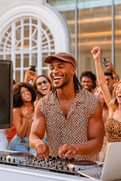 Smiling DJ playing music at a vibrant outdoor party with cheering friends and dancing crowd