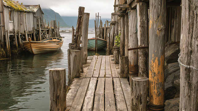 Rustic Norwegian fishing village walkway of weathered planks winds past stilted boathouses and wooden rowboats moored in a calm misty fjord