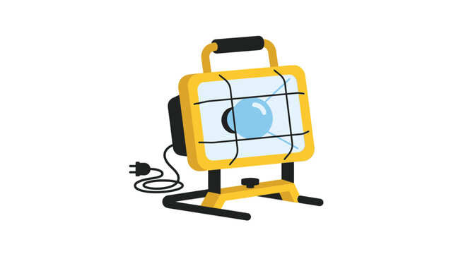 Yellow portable halogen work light on stand illustration.