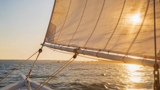 Billowing main sail reacting to light breeze while rigging tightening on small boat, sun reflection