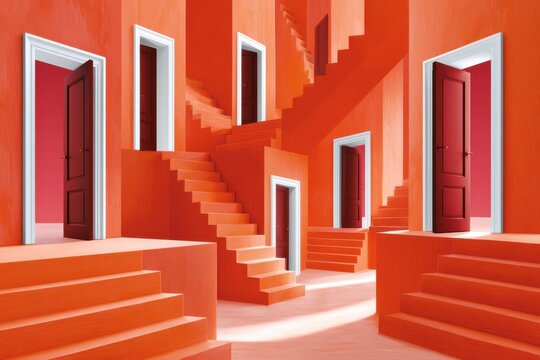 Surreal red-orange interior with multiple doors and impossible staircases, concept of choices and passage