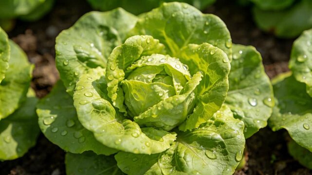 Zooming camera tightening framing on centered butterhead lettuce in garden, revealing dew droplets