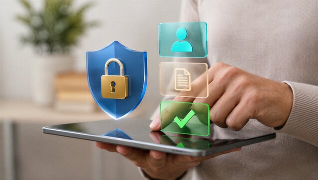Woman using tablet to manage ai privacy and digital security settings. Virtual interface with shield and padlock icon for data protection. Secure cloud connection and information safety.