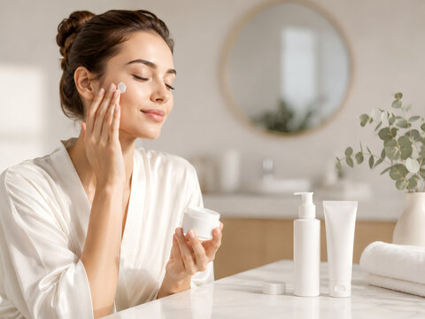 Woman applying facial cream during daily skincare routine in modern bathroom